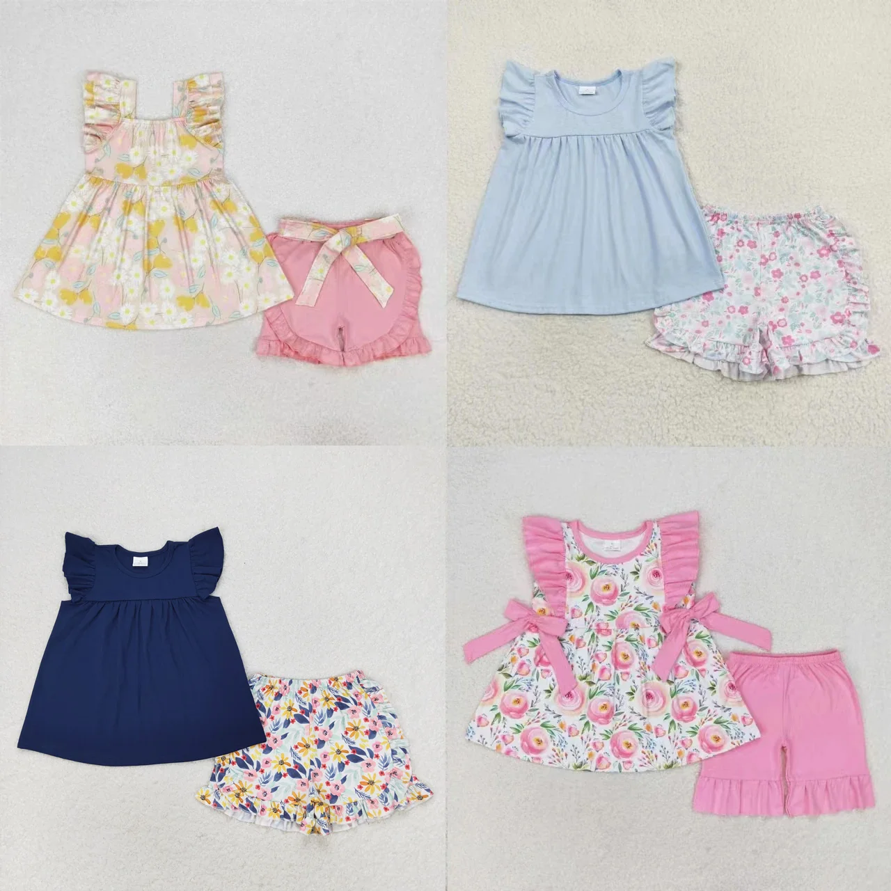 

Wholesale Summer Toddler Floral Kids Short Sleeves Tops Shorts Baby Girls Boutique Set Children Infant Flower Two Pieces Outfits