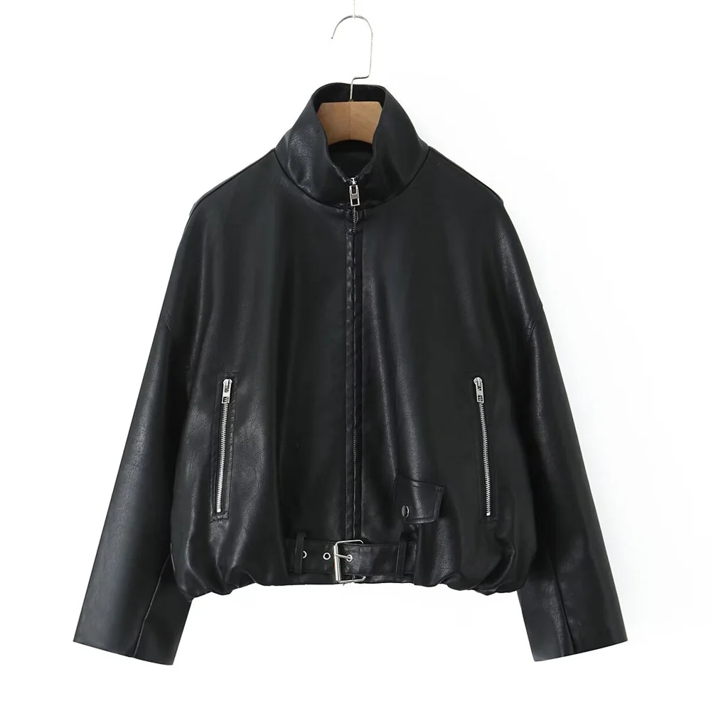 Winter new women's fashion stand up collar long sleeved zipper PU jacket jacket