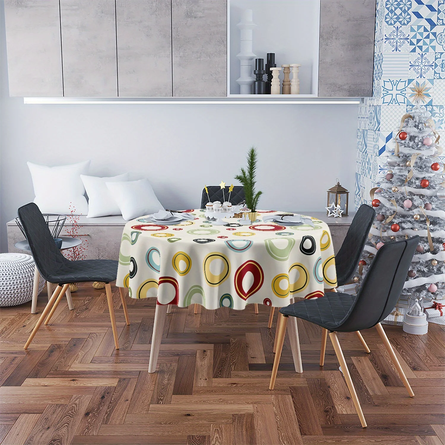 One eye-catching round tablecloth in pop art style, scratch-resistant and stain-resistant