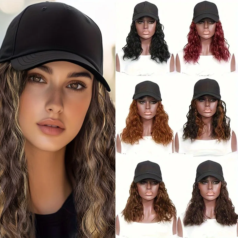 Women's Sports Baseball Cap Wig, Water Wave Curly Short Bob Hairstyle, High Temperature Fiber Synthetic Hair, Adjustable