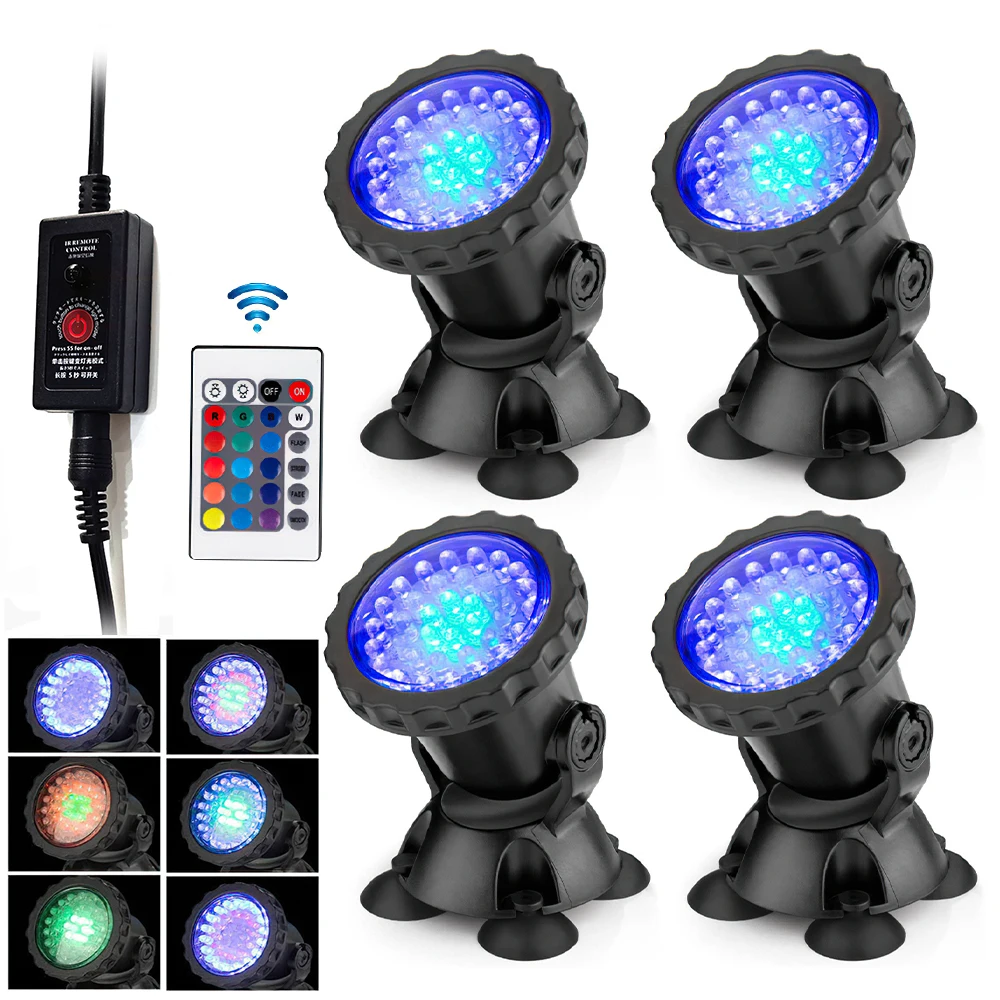 

RGB Underwater LED Light Lamps Submersible 36 LED Pond Spot Lights IP68+IR Remote Control Colorful Spotlights for Fountains