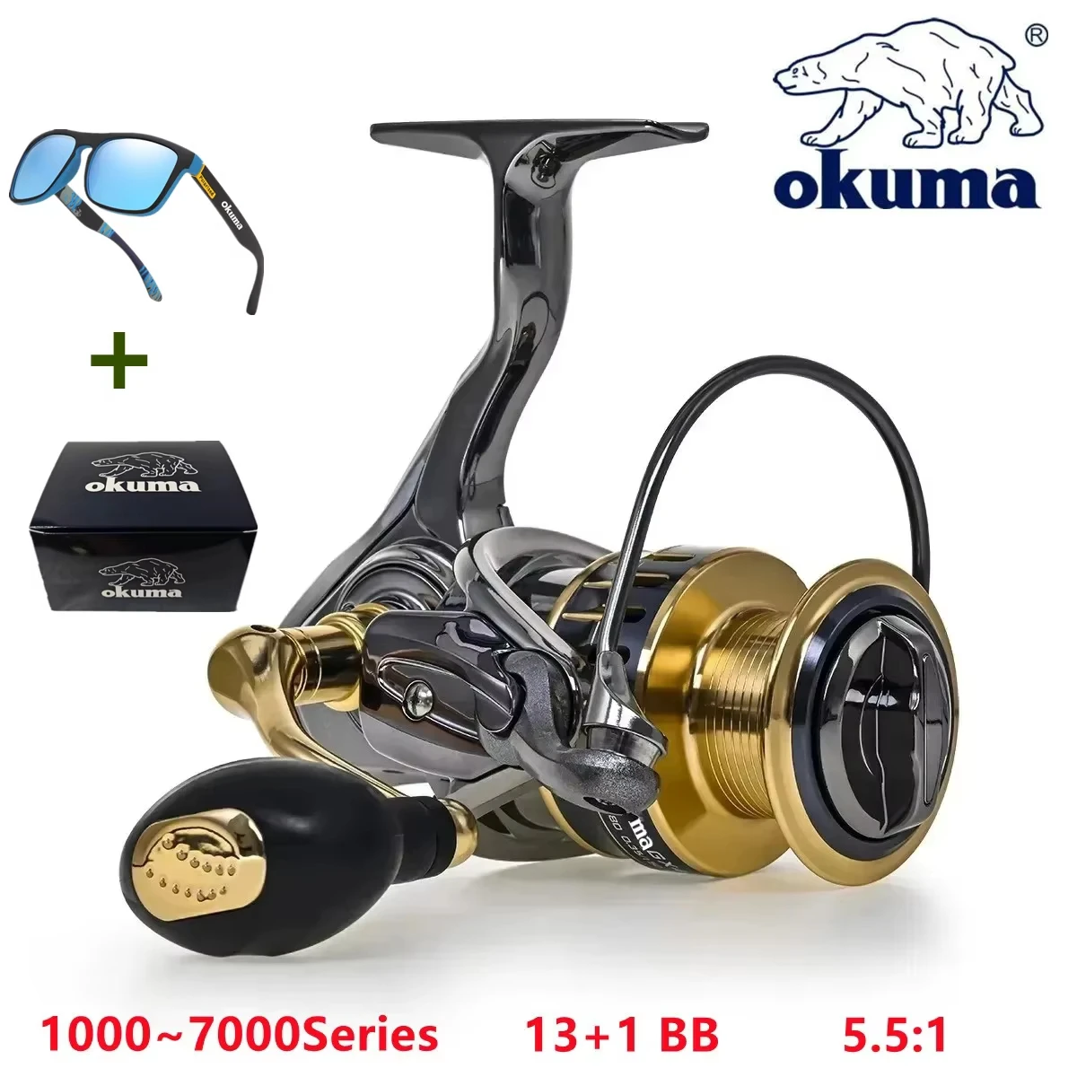 Image of NEUE Okuma Original Angelrolle aus Vollmetall, 13+1BB, Power-Spinnrolle, Angelspule, flache Spule, geeignet für alle Gewässer