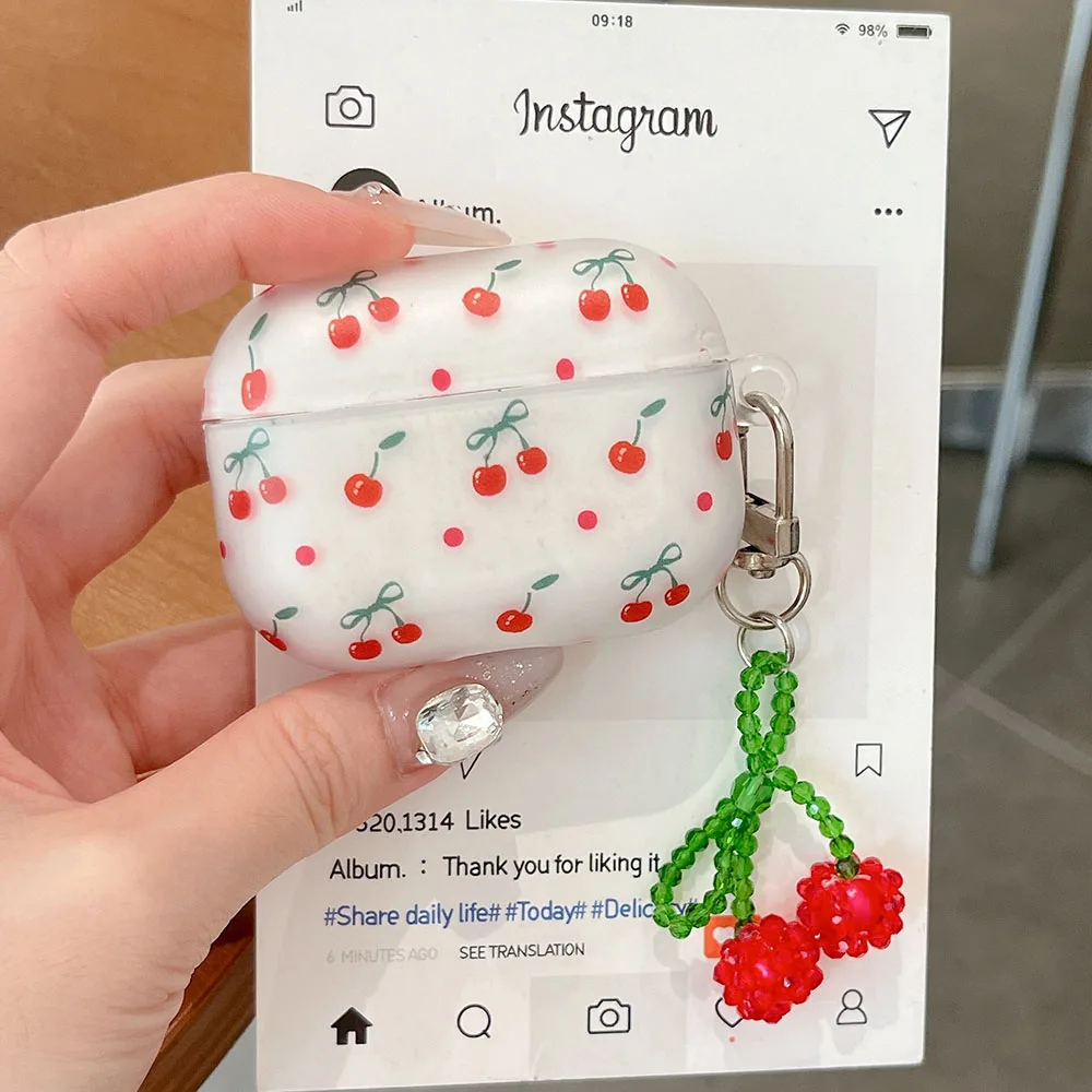 For AirPods Pro 2nd Case Cherry Cartoon Soft Silicone Cover For AirPods 4 3 1 2 Girls Earphone Box Shell With Crystal Pendant