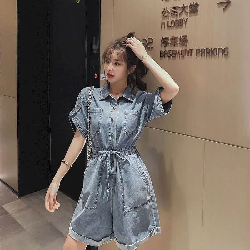 Pop Denim Jumpsuits Women Half Sleeve Loose Oversized Casual Tops One Piece Outfit Women Playsuits Overalls For Women Denim Shor