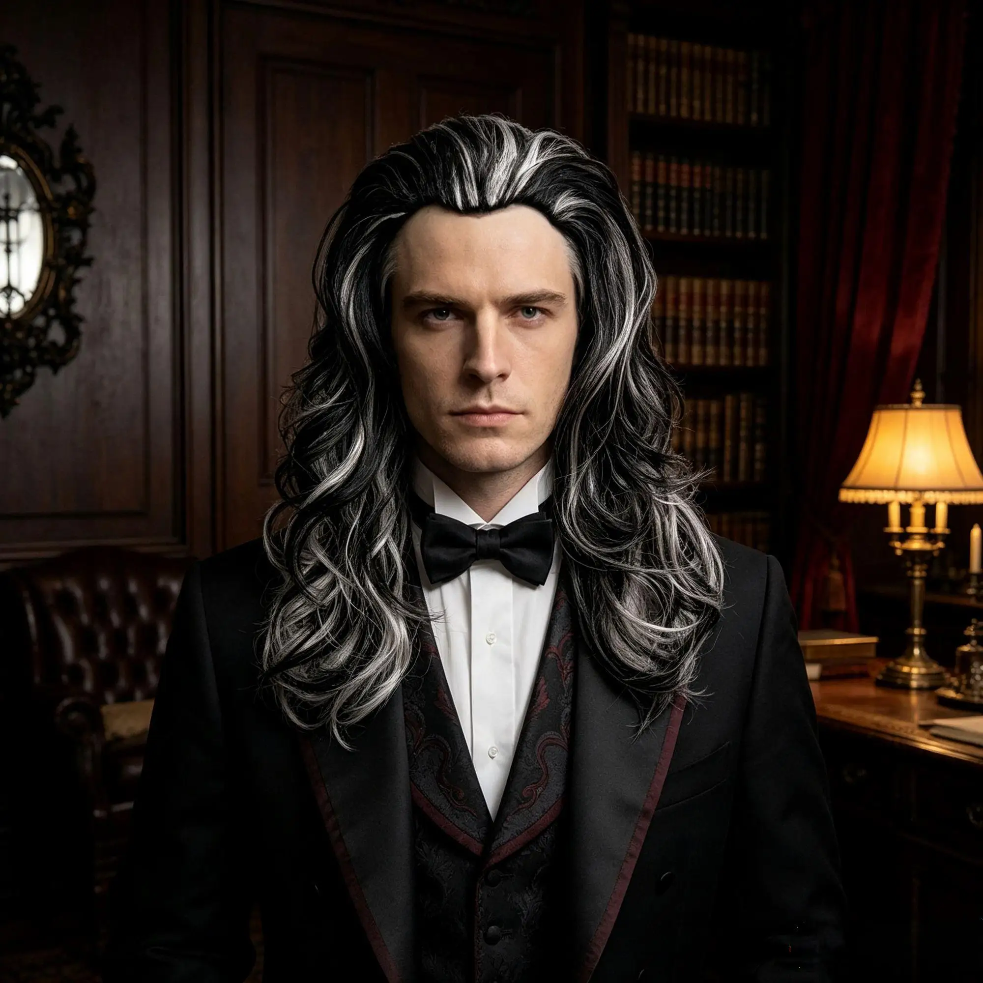 Black Silver White Highlights Premium Synthetic Fiber Long Curly Wig Big Waves Fluffy Voluminous Messy Layered Hair with Bangs Side Part Heat Resistant Adjustable Cap for  Cosplay Party Halloween Costume Role Play Stage Show Photo Shoot