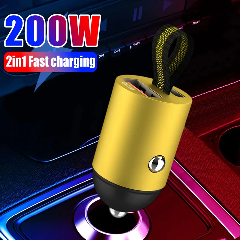 200W Mini USB Car Charger Super Fast Charging Type-C PD Quick Charge Car Phone Charger Adapter For iPhone 15 Huawei Samsung