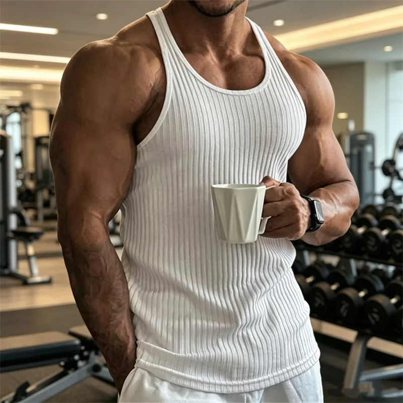Men's running Tank top Fitness sleeveless T-shirt Male pullover breathable Sports Undershirt stripe gym vest elastic Loose tops