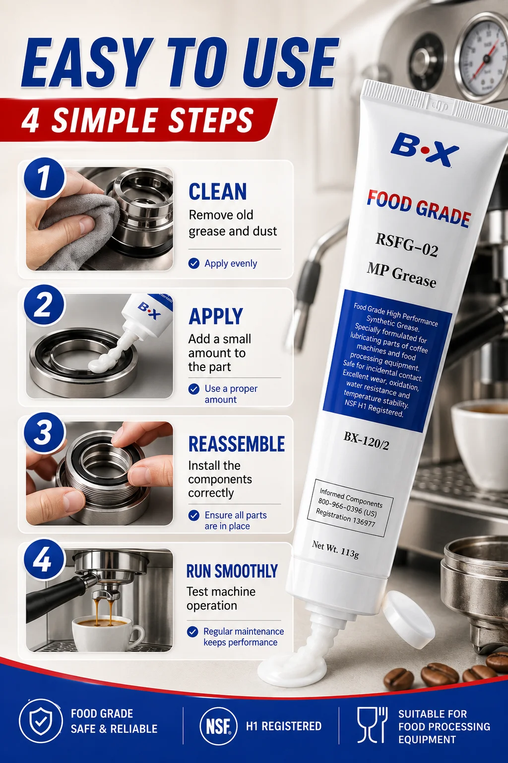 B·X RSFG-02 Kaffeemaschinen-Schmierfett Lebensmittelqualität NSF H1 Schmiermittel für Espresso-Brühgruppe O-Ring Zahnrad 113g – Detail 3
