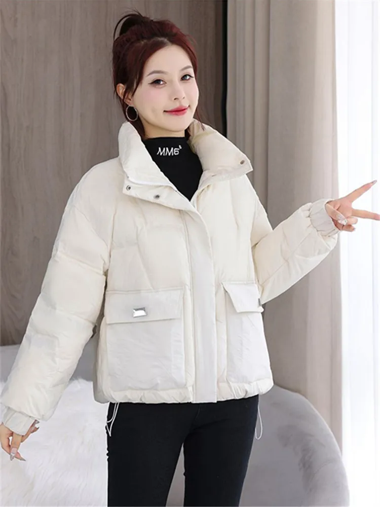 2024 Winter New Fashion Cotton-padded Jacket Korean Loose Stand Collar Thicken Warm Parkas Coat Women Clothes Black Outerwears