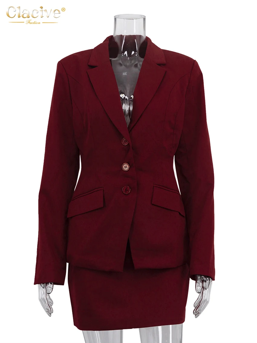 Clacive Fashion Slim Wine Red 2 Piece Sets Women Outfit 2025 Elegant Long Sleeve Blazer With High Waist Mini Skirt Set Female