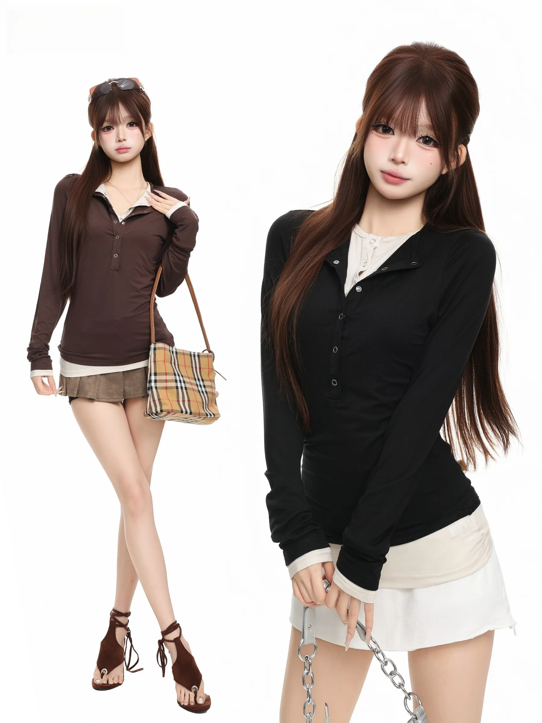 BASTERDS Women's Long Sleeve Henry Collar T-Shirt Slim Fit Versatile Base Layer Top Casual Style Creative Pattern Autumn Wear