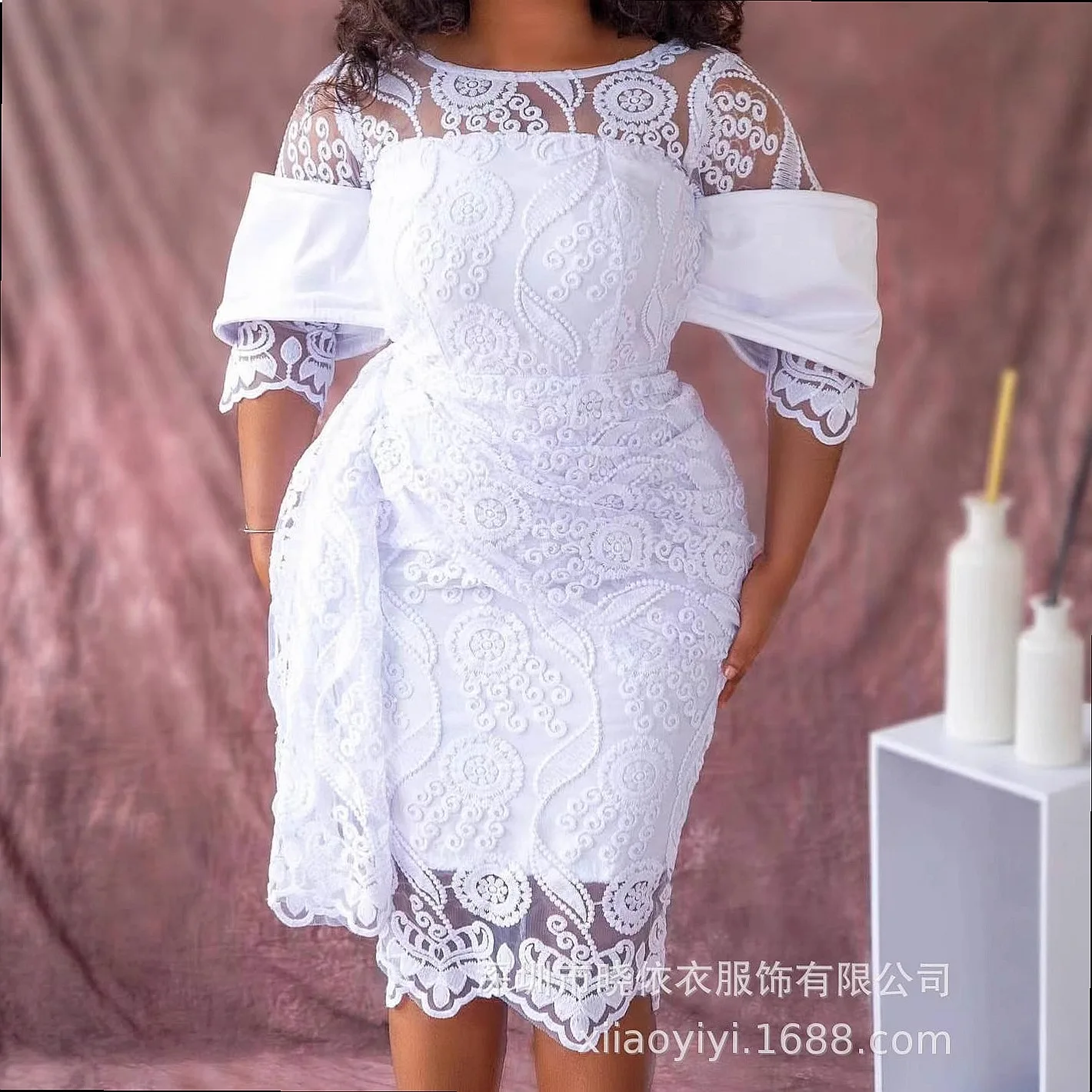 Plus Size Lace Embroidered Dress Dresses with Sash Tie Spring Summer Women Floral Bohemian Maxi Dresses view 3