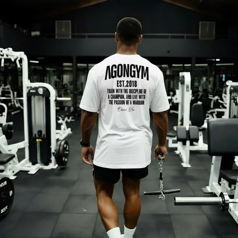 AGONGYM New Fashion Trend Men T-shirt Sports Cotton Short Sleeves Loose Shirts Bodybuilding Fitness Comfortable Slim Fit Tee Top image 5