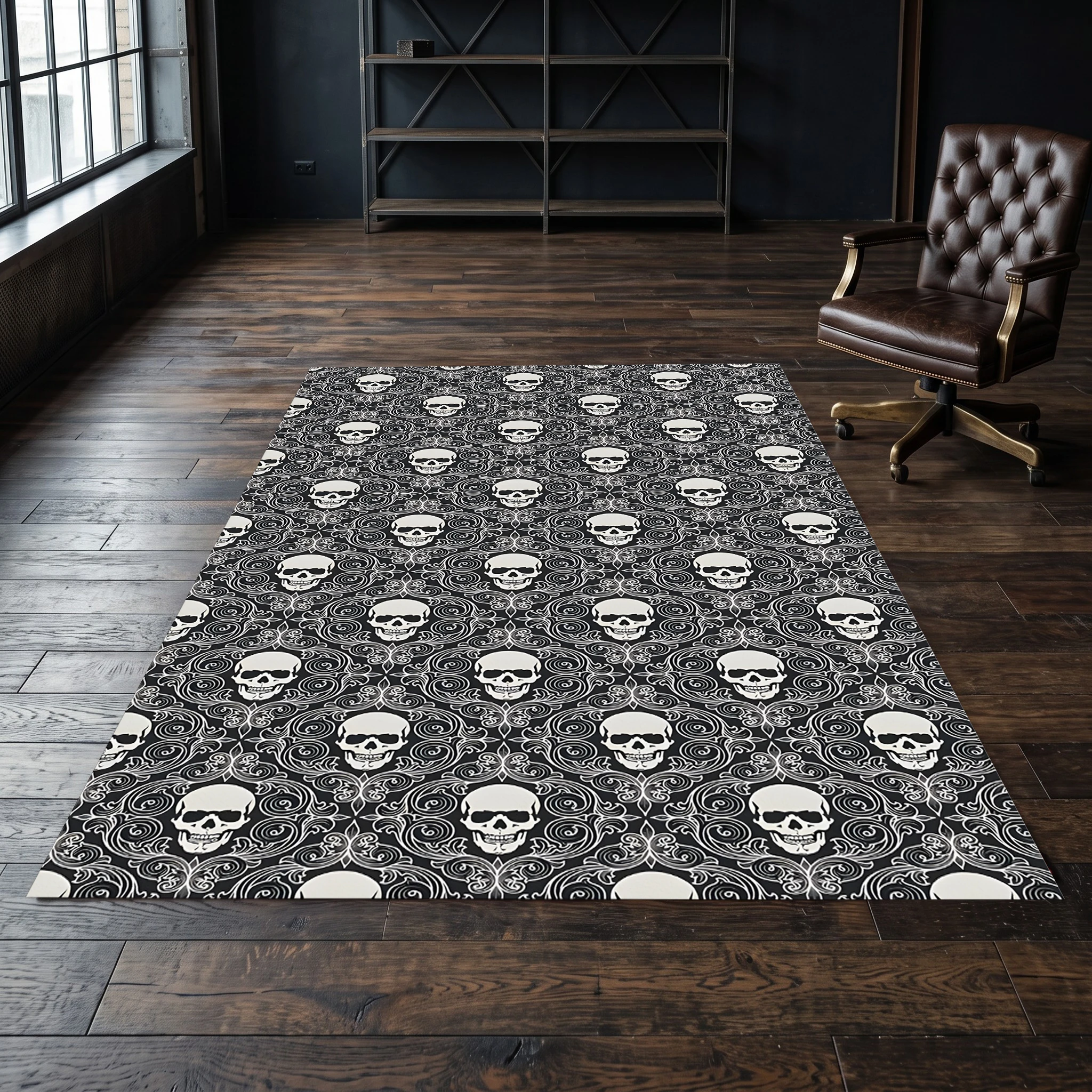 Subtle Skull Print 2D Area Rug in Dark Retro Style for Living Room and Entryway, Halloween Party Decor