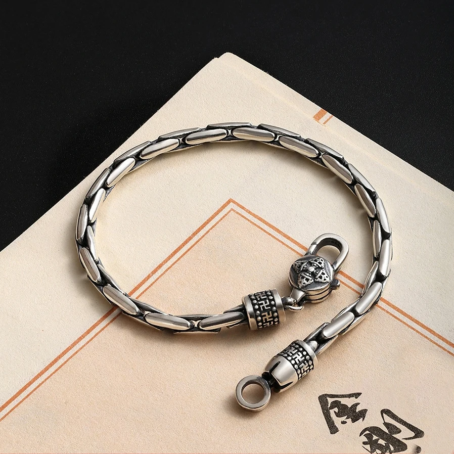 QN Silver Color Bamboo Chain Rope Vajra Buckle Bracelet Student Trendy Simple Men's Personality Single Retro Women's Accessories