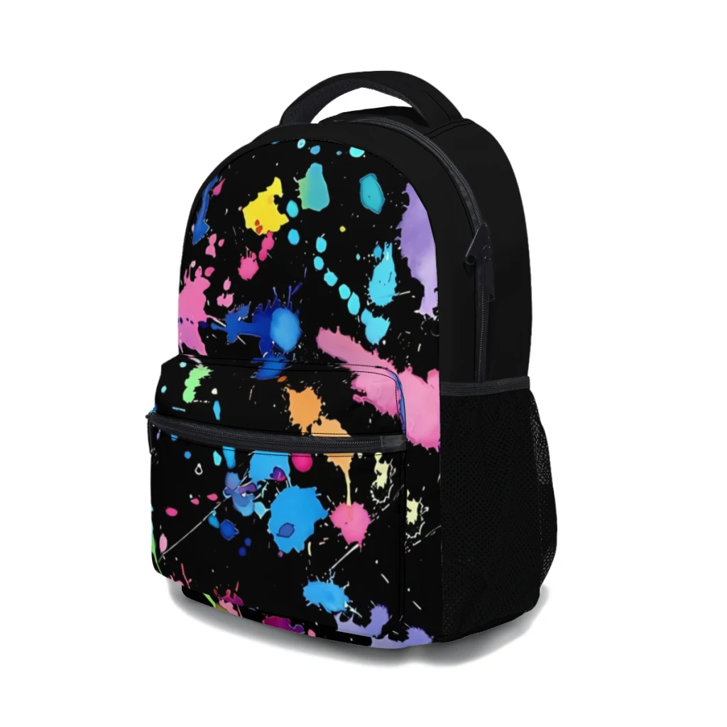 Fondo negro pintura salpicaduras nueva moda femenina para chicas mochila universitaria impermeable de alta capacidad 17 pulgadas   ﻿   ﻿