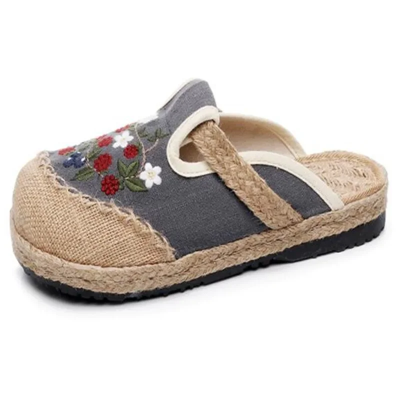 Women Casual Linen Embroidery Flat Slippers Retro Summer Ladies Canvas Comfortable Espadrille Shoes 2024