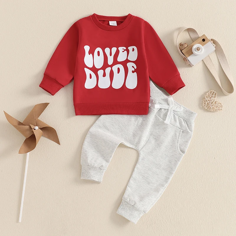 赤ちゃん用レタリングプリントのスウェットシャツとパンツのセット,長袖の衣装,バレンタインデーの服,春,2個