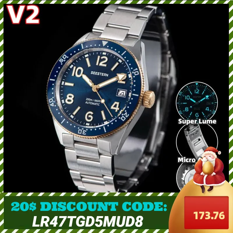 SEESTERN-Reloj de buceo S434 NH35 para hombre, pulsera mecánica resistente al agua, con movimiento automático de 200M, esqueleto de zafiro luminoso