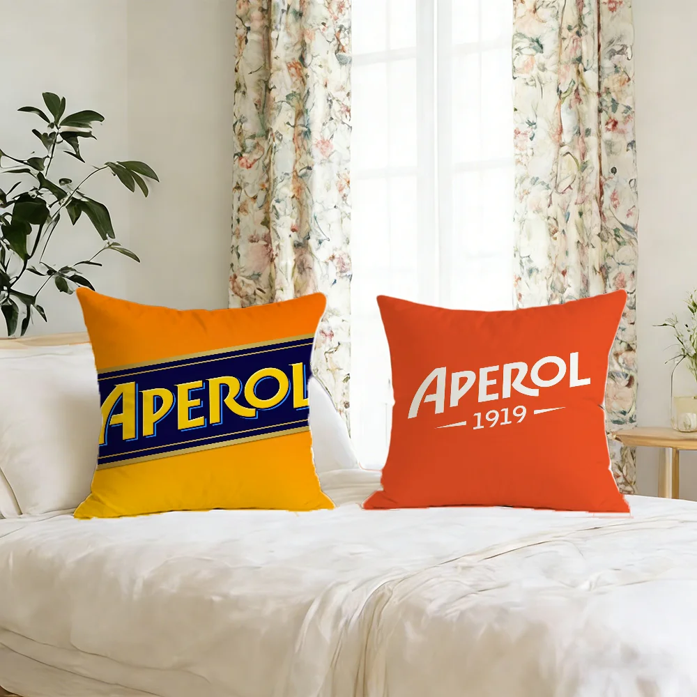 Retro Aperol Spritz Cocktail Pillow Cover, Orange Logo Beach Seaside Illustration Decorative Polyester Cushion Case for Bar Livi