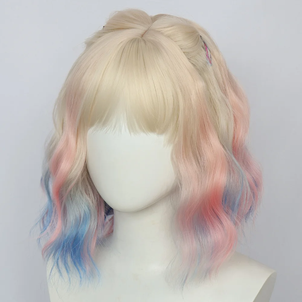 Enid Sinclair cosplay pruik – woensdag 2, kleurrijke korte krullende bob met gradiënthoofdhuid voor dameskostuum en feest