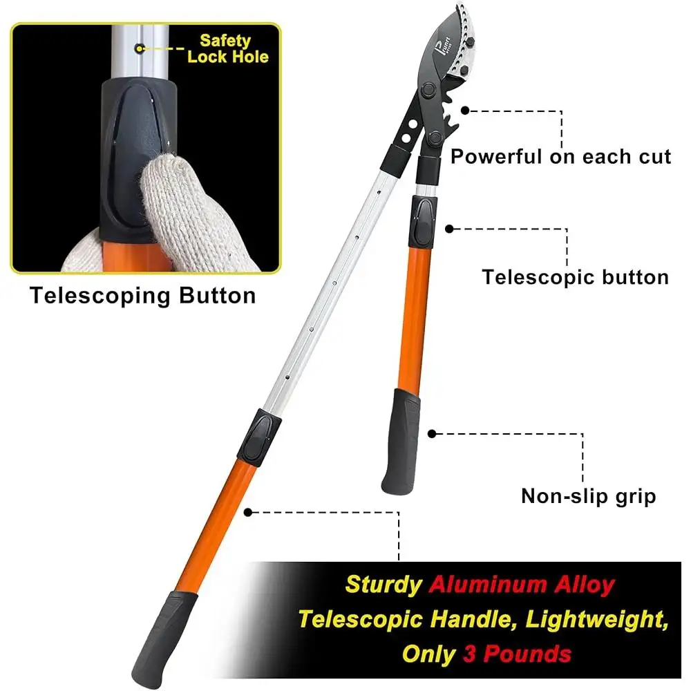 Lopper d'arbre télescopique robuste avec mécanisme de levier de puissance d'entraînement de synchronisation coupe-branches de 2 pouces poignée ergonomique antidérapante en acier de fer