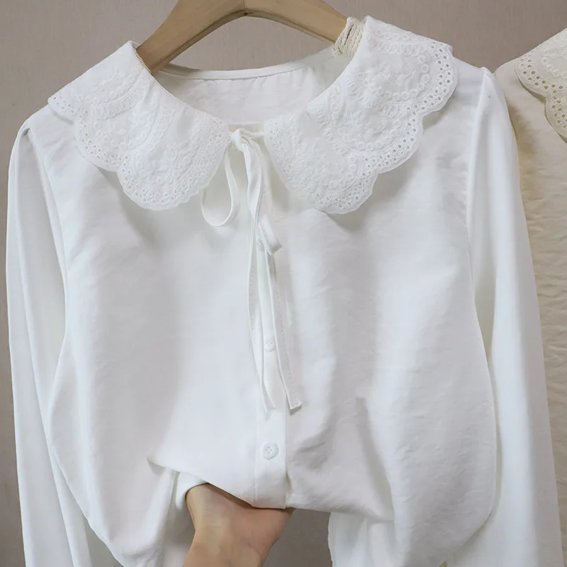 

Lace Doll Collar Long Sve White irt Women's Loose Sweet Youthful Inner Wear Top Korean Sle Voluminous Bell Sve