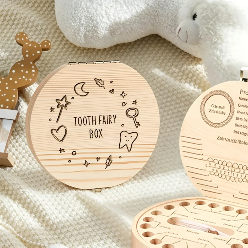 Wooden Tooth Fairy Box Tooth Keepsake Storage Box Commemorative Teeth Hair Preservation Box Birthday Halloween Christmas Gift