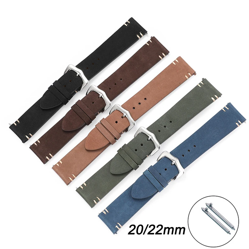 Suede Leather Watch Strap 20mm Quick Release Green Vintage Universal Replace Wristband Handmade Stitching Band Belt Accessories