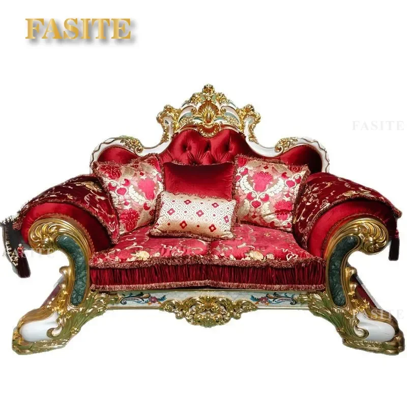 For French Shell Court Sofa All Solid Wood Carving Gold Foil European Style Villa 1+1+2+5 Combination Fabric Sofa Luxury