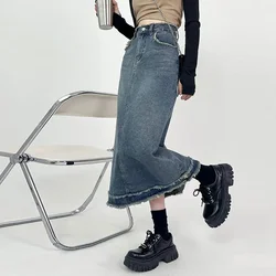 Retro Rough Selvedge Half Body Denim Long Skirt, Women's Spring and Summer New Fashion High Waist Hip Wrap A-line Denim Skirt
