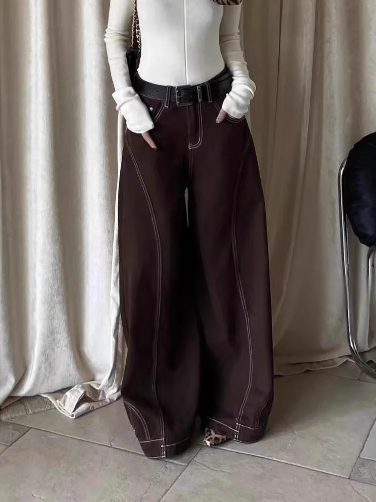 Jeans americani con design a linea marrone retrò Street Hip Hop Pantaloni a gamba larga a gamba dritta Pantaloni lunghi larghi a vita alta da donna
