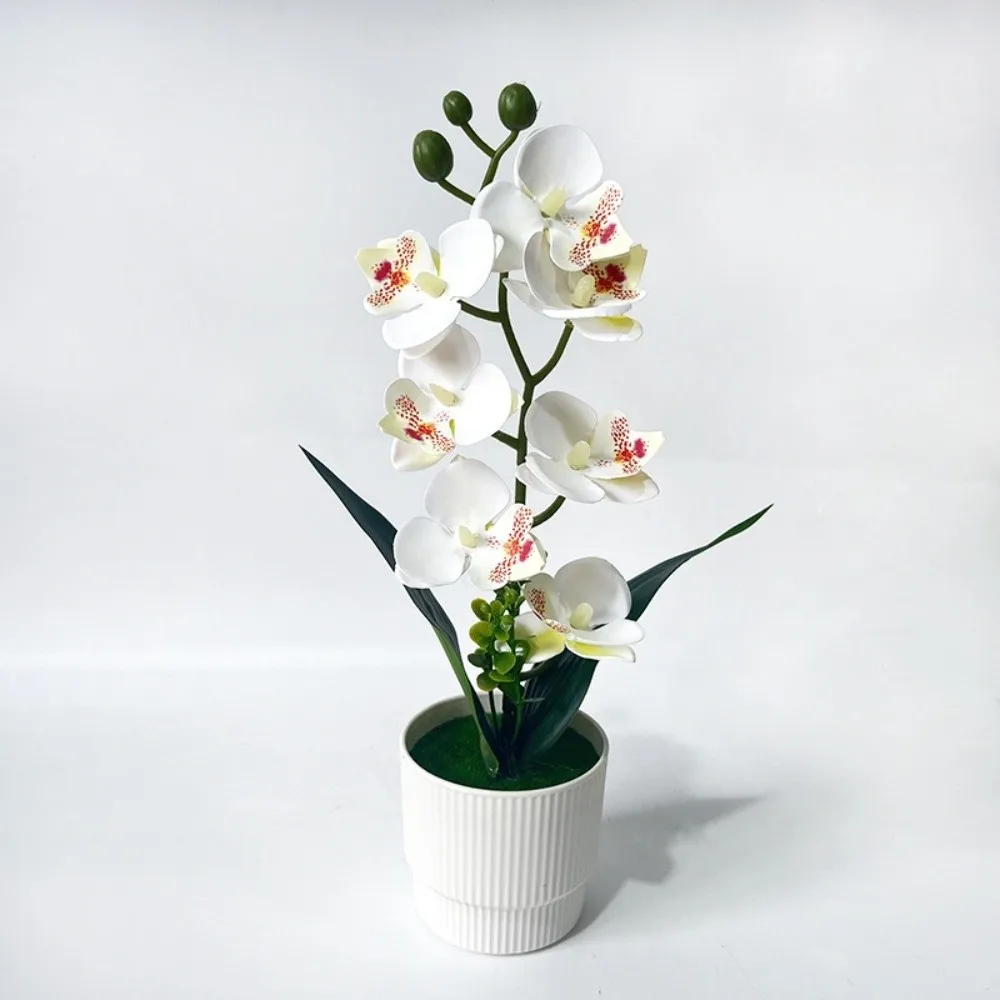 7 Heads Artificial Orchid Potted Flower Pink Multi-Bloom Simulated Flower Butterfly Orchid Potted Plastic with White Pot