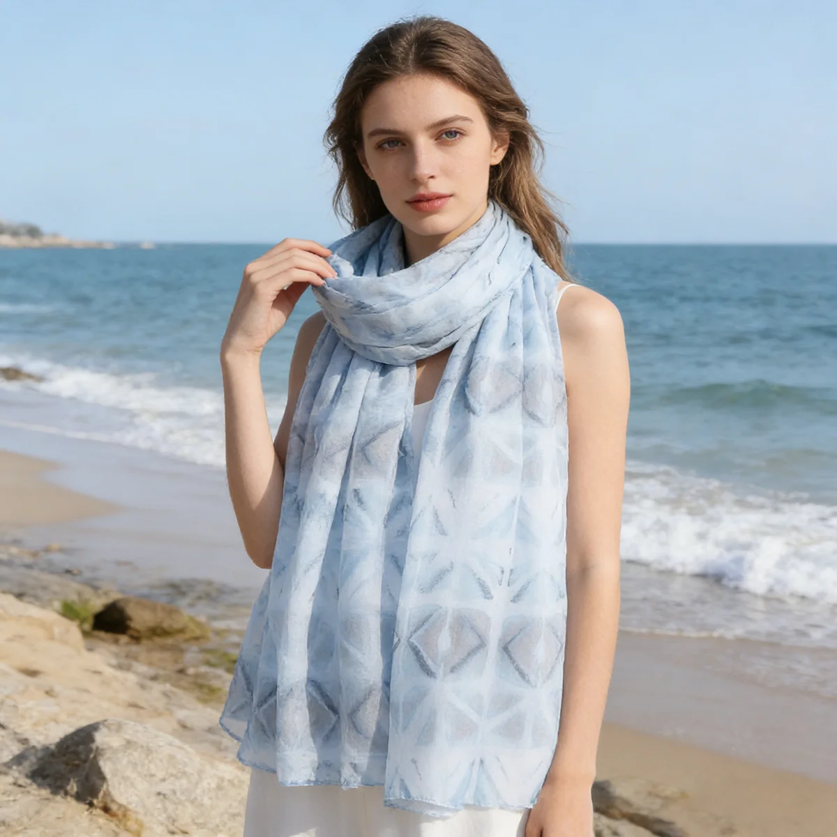 

Women's Light Blue & Grey Geometric Rhombus Tie-dye Print Scarf, Lightweight Breathable Polyester Neck Scarf, 88x180cm Large Dec