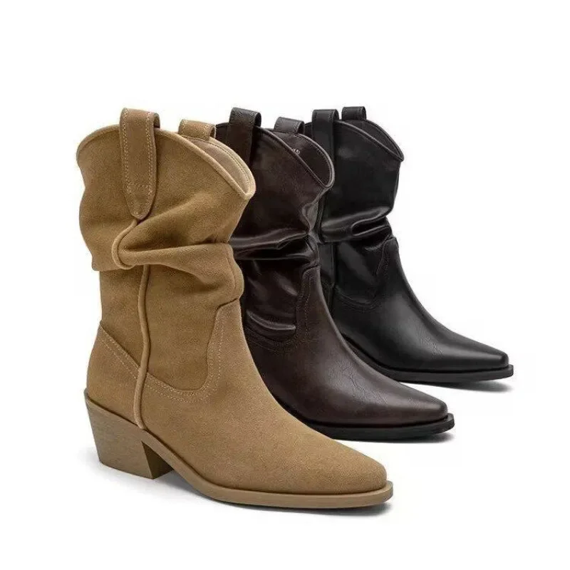 Botas vaqueras occidentales para mujer, zapatos de media pantorrilla de cuero PU con volantes, tacón grueso y Punta puntiaguda, Retro, Otoño e Invierno