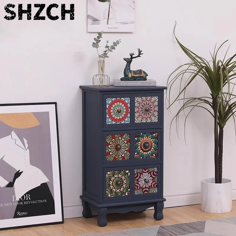 ‌Vintage Solid Wood Dresser, Hand-Painted Storage Chest, 5-Tier Living Room Cabinet, Extra Deep Nightstand with Drawers