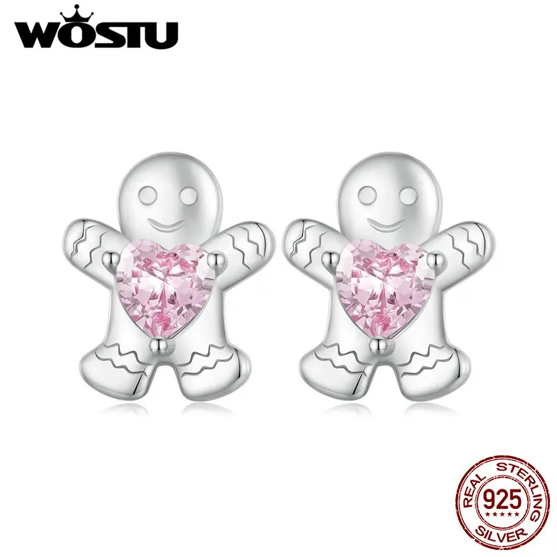 WOSTU Gingerbread Man Ear Stud 925 Sterling Silver Christmas Gift Box Earrings For Women Christmas Party Jewelry Gift FIE1656