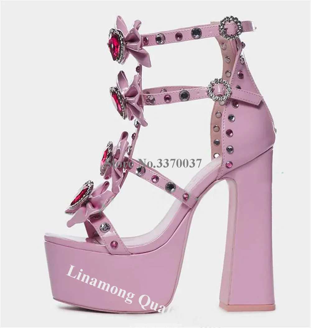 Linamong Luxurious Big Jewels Rhinestones Thick Heel Sandals Open Toe Pink Patent Leather Bowtie High Platform Sandals Club Shoe