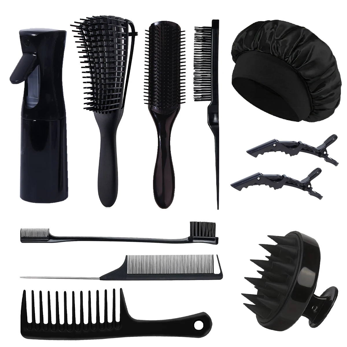 11pcs hairdressing tool set, hair anti knot brush and comb, with spray bottle and sleeping cap,Special for real hair wigs