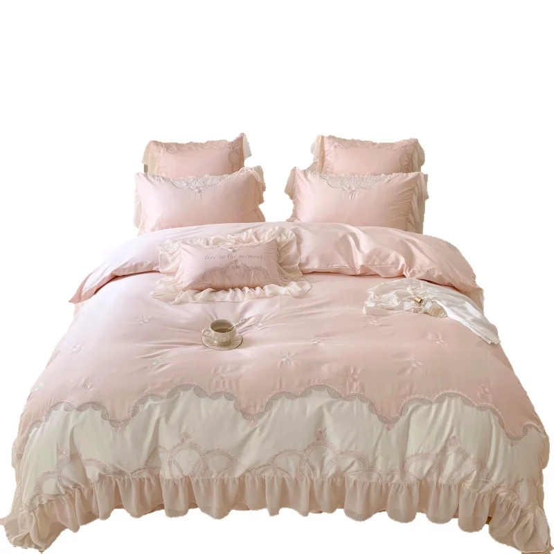 French princess wind branch long-staple cotton four-piece set pure cotton pink embroidered lace quilt cover bedding