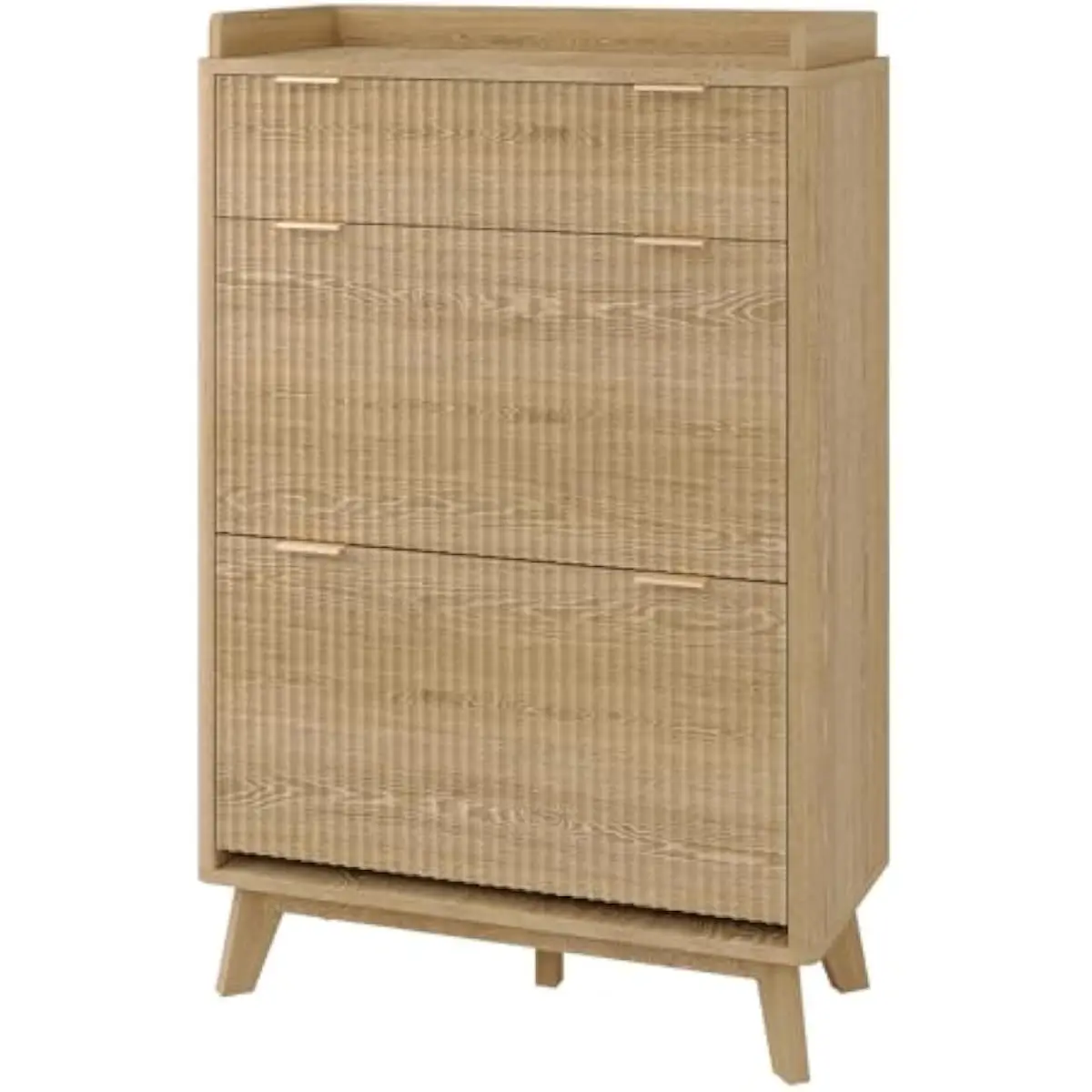 Tall freestanding fluted shoe cabinet with slim 14.2 inch depth ideal for narrow hallways entryways or living areas two flip dra