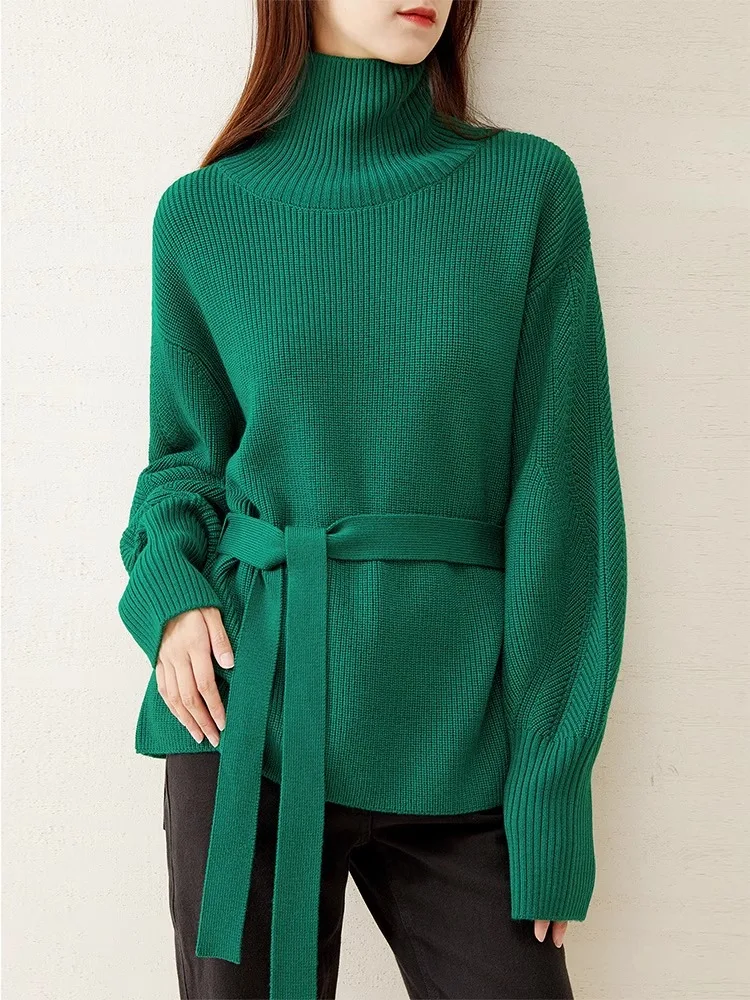 

Женский модный свитер Ele Retro с высоким воротником, вязаный, с поясом, свободного кроя, с длинными рукавами