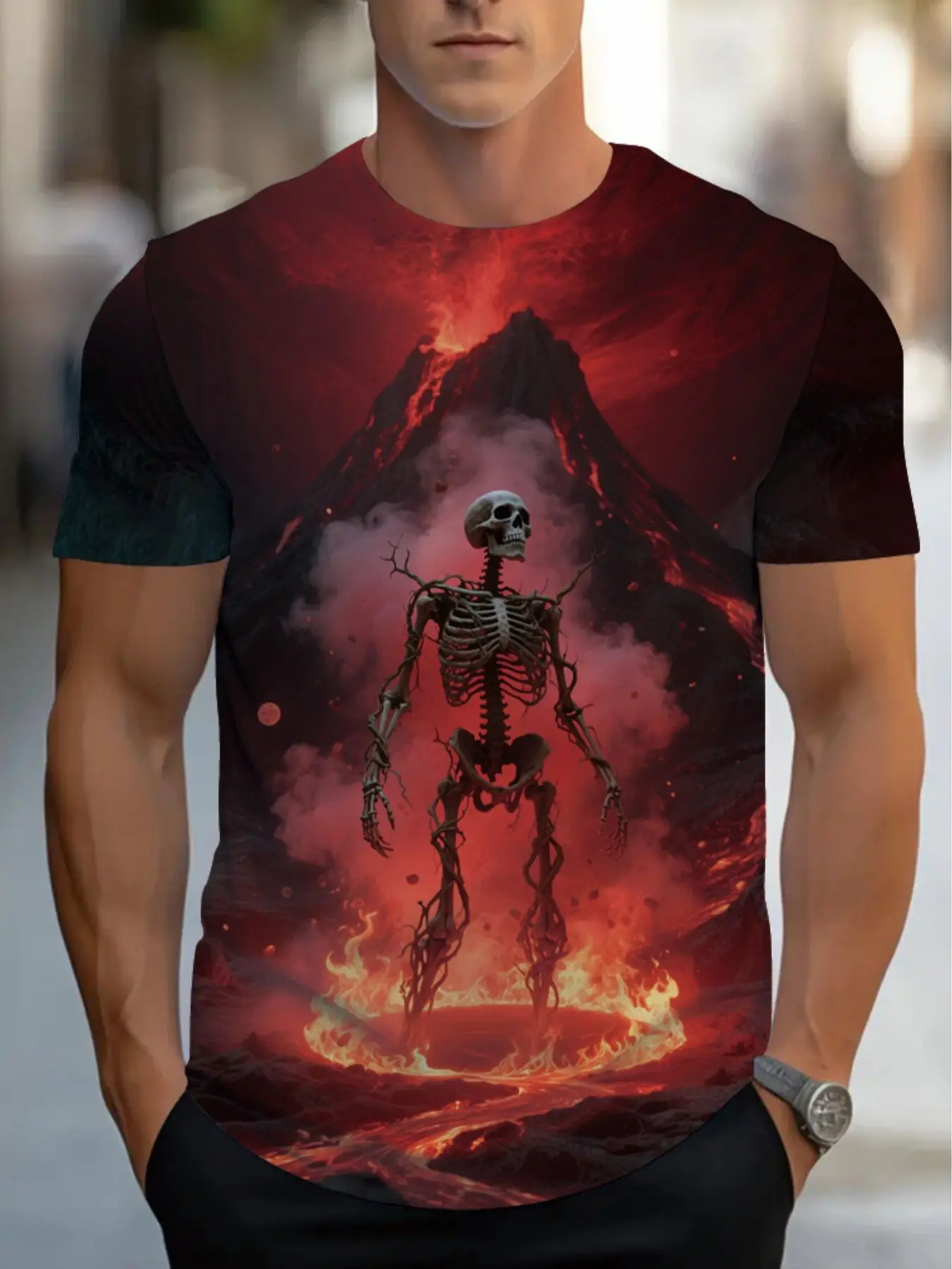 Men Short Sleeve T‑Shirt 3D Skeleton Volcano Fire Print Halloween Gothic Casual Streetwear Top
