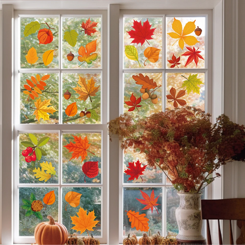 Autumn Window Stickers Leaves Stickers Window Door Decoration Maple Leaf Thanksgiving Stickers