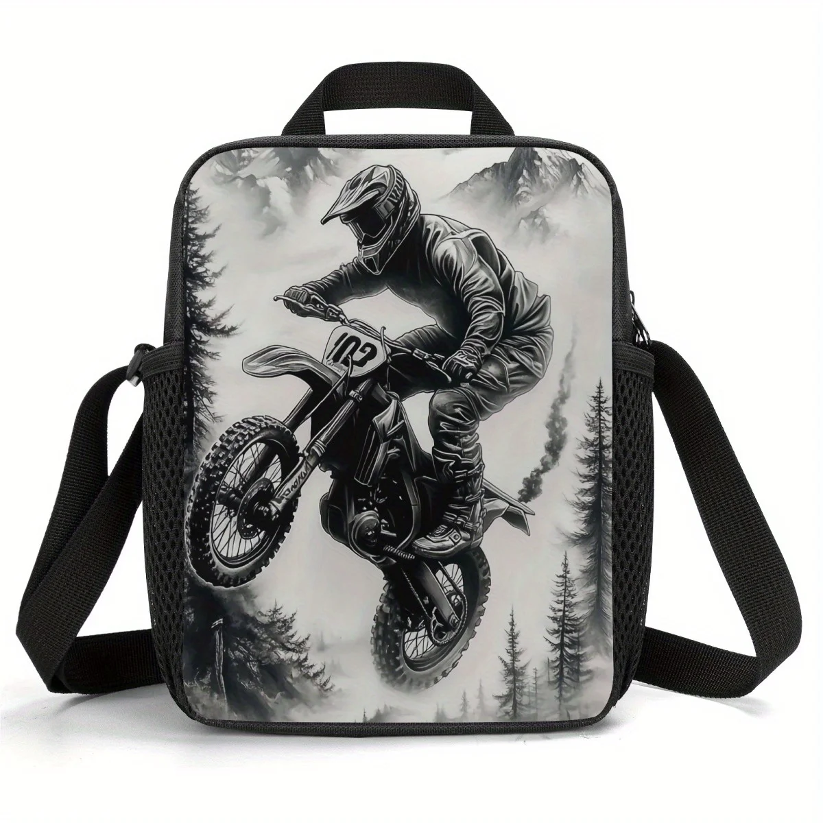 Insulated Lunch Bag with Motorcycle Rider Design - Thermal Cooler Tote with Shoulder Strap, Non-Food Contact Surface
