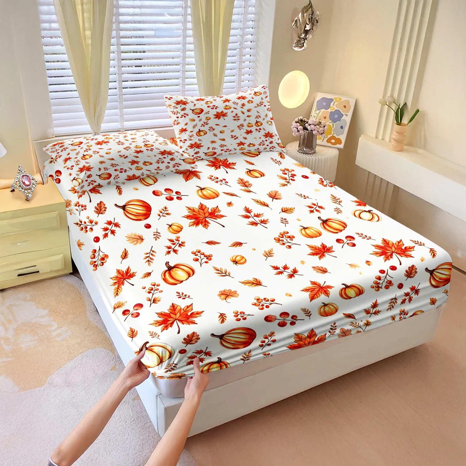 Autumn Harvest Fitted Sheet Set Pumpkin Maple Leaf Print Bed Sheet with Pillowcases Fall Thanksgiving Elastic Mattress Cover
