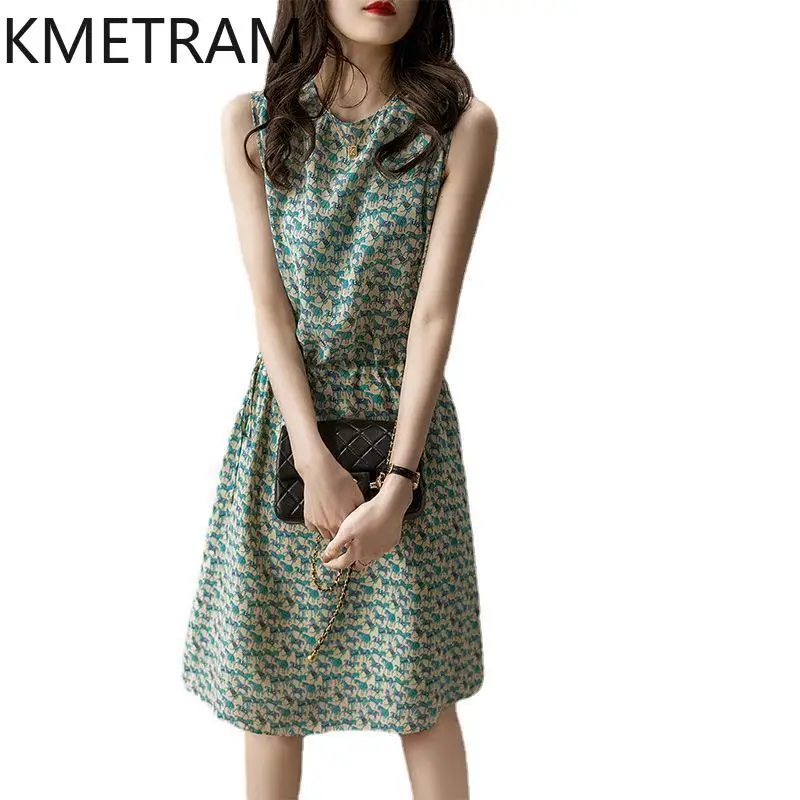 

KMETRAM Mulberry Silk Floral Vest Dresses for Women 2024 Summer Mid-length Suspender Dress Sleeveless Clothing Robe Femme Été