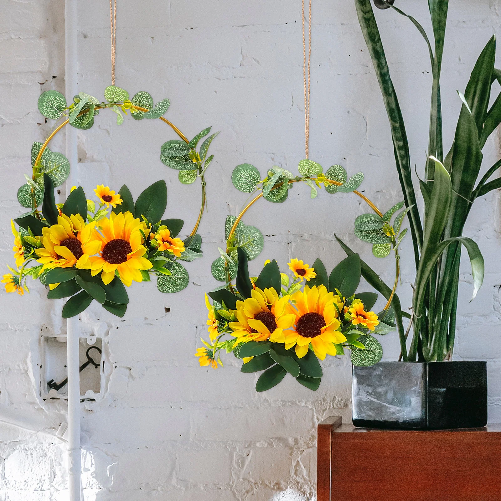 

1pc Artificial Sunflower Wreath Wall Hanging Decoration Fake Garland For Wedding Festival Wall Decor Simulation Plants