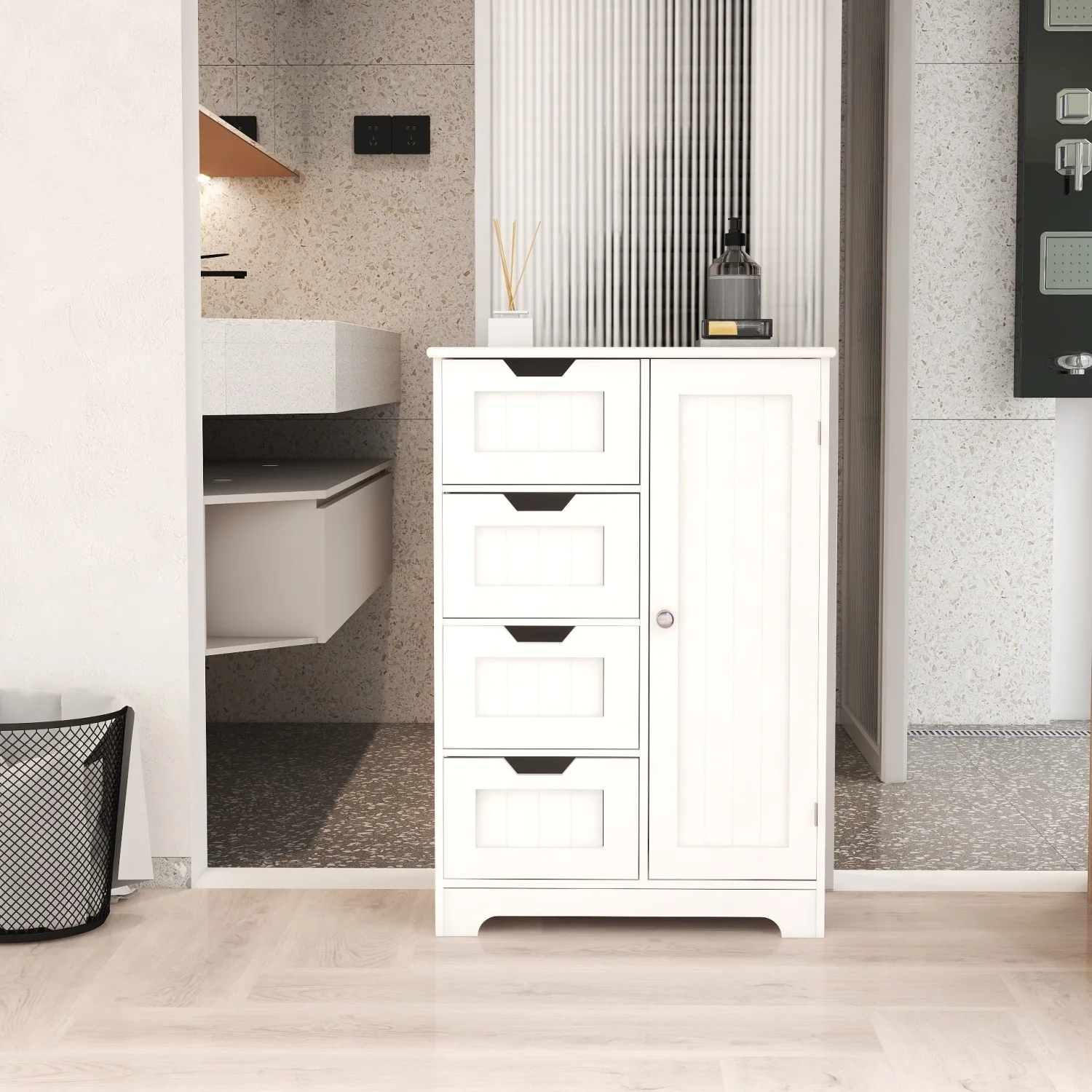 

White freestanding floor storage cabinet with adjustable shelves, 4 drawers and 1 door