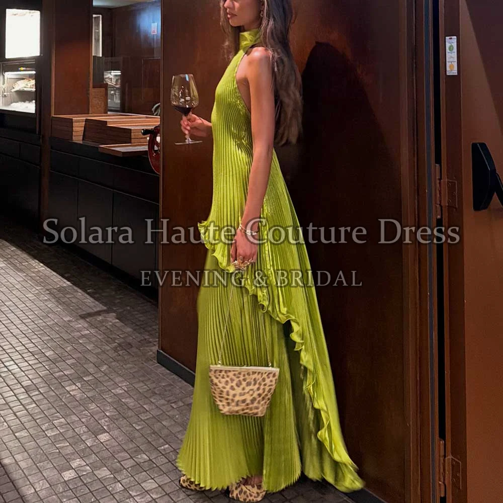 Halter Open Back Pleated Maxi Evening Dress Sleeveless Asymmetric Ruffle Formal Party Gown For Wedding Guest Dubai Dinner Event